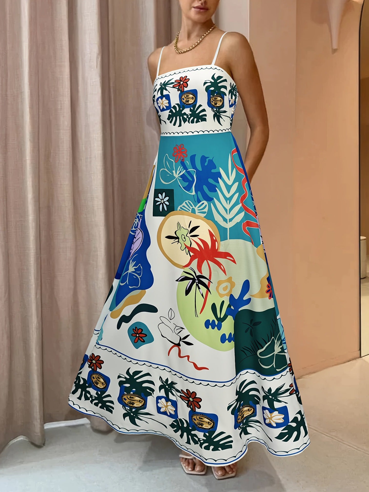 Colorful Graffiti Print A-Line Maxi Dress with Sling Straps