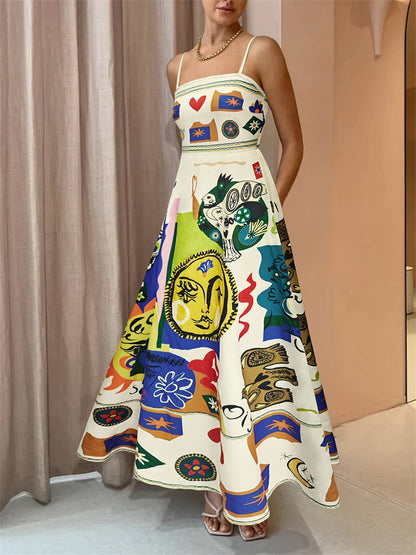 Colorful Graffiti Print A-Line Maxi Dress with Sling Straps