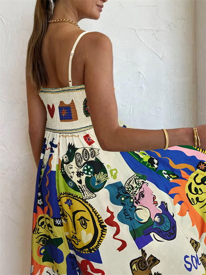 Colorful Graffiti Print A-Line Maxi Dress with Sling Straps