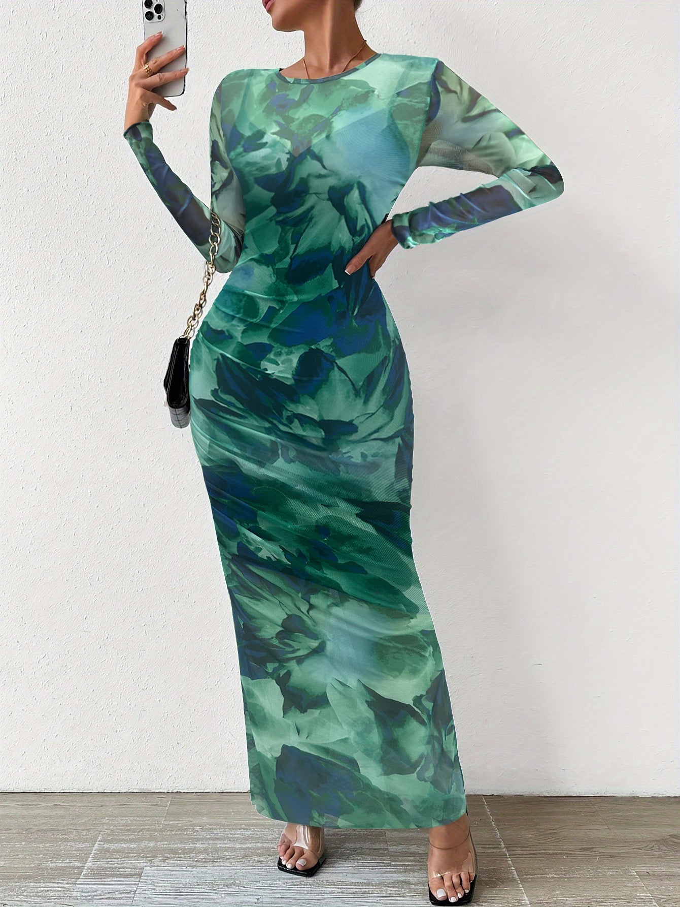 Sheer Mesh Bodycon Maxi Dress with Abstract Print
