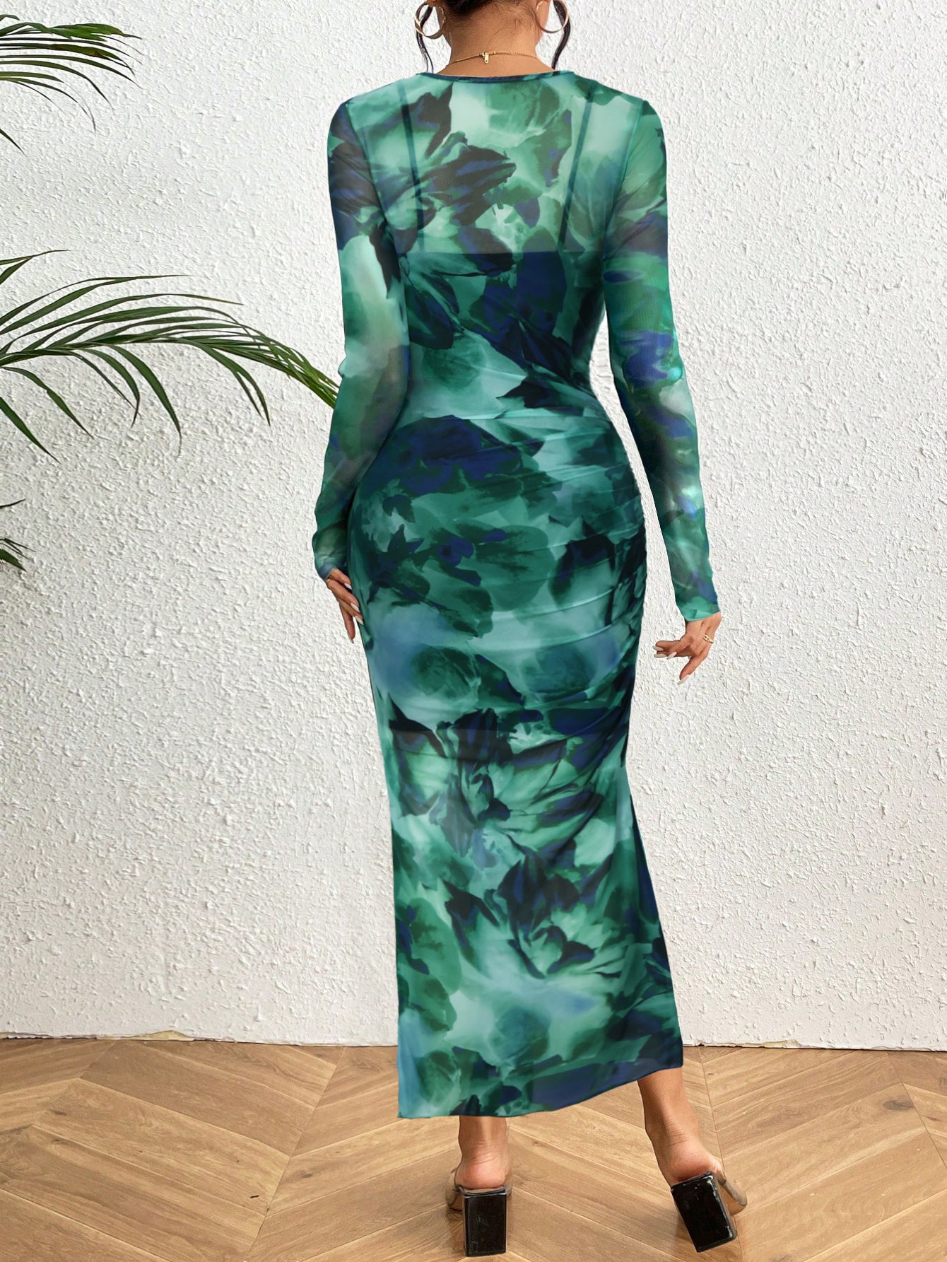 Sheer Mesh Bodycon Maxi Dress with Abstract Print