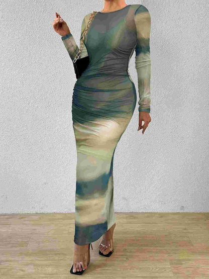 Sheer Mesh Bodycon Maxi Dress with Abstract Print