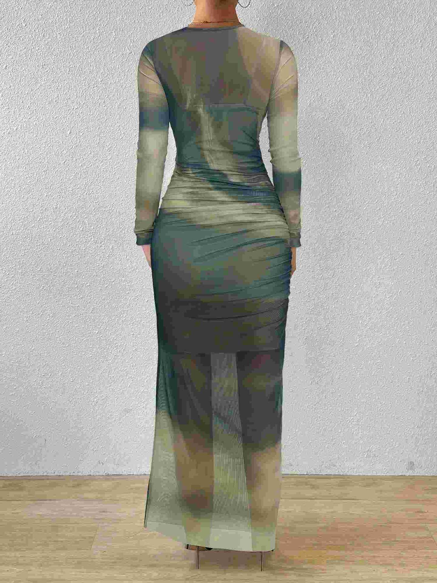 Sheer Mesh Bodycon Maxi Dress with Abstract Print