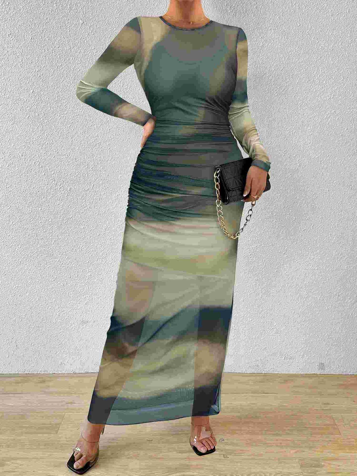 Sheer Mesh Bodycon Maxi Dress with Abstract Print