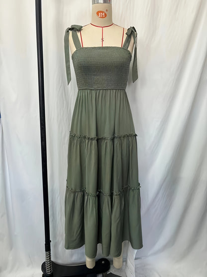 Solid Tiered Maxi Dress with Smocked Bodice and Tie-Shoulder Straps