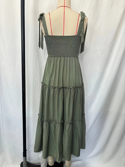 Solid Tiered Maxi Dress with Smocked Bodice and Tie-Shoulder Straps