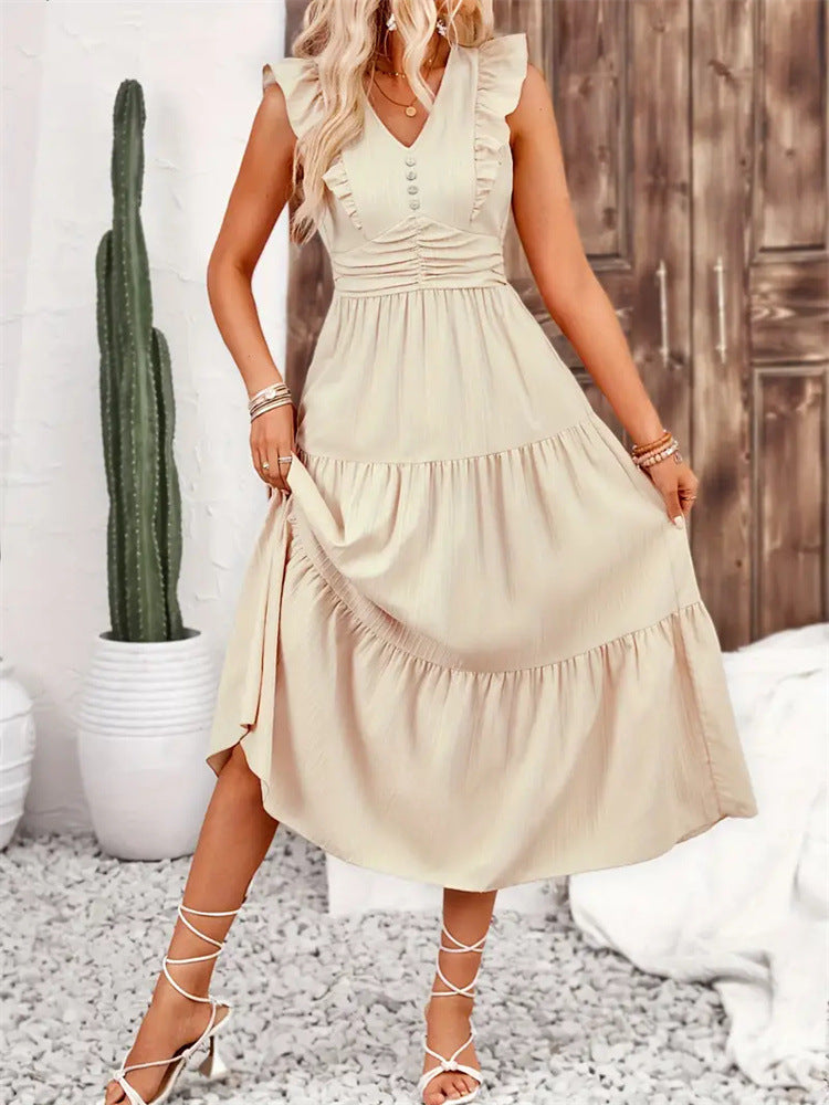 Solid Color Tiered Midi Dress with Ruched Waist and Ruffle Sleeves