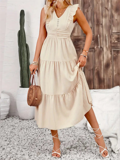 Solid Color Tiered Midi Dress with Ruched Waist and Ruffle Sleeves