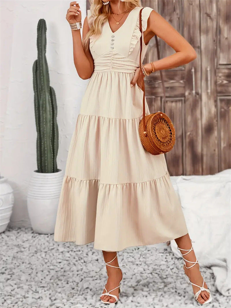 Solid Color Tiered Midi Dress with Ruched Waist and Ruffle Sleeves