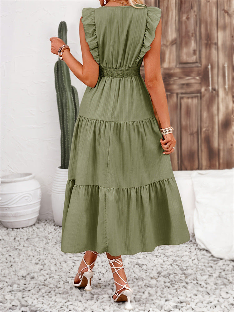 Solid Color Tiered Midi Dress with Ruched Waist and Ruffle Sleeves
