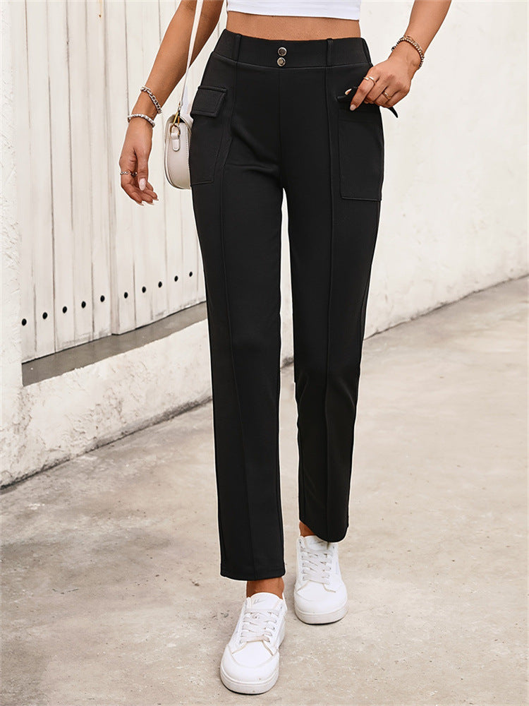 High-Waisted Straight-Leg Knit Pants with Button Front and Cargo Pockets