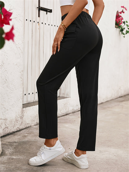 High-Waisted Straight-Leg Knit Pants with Button Front and Cargo Pockets