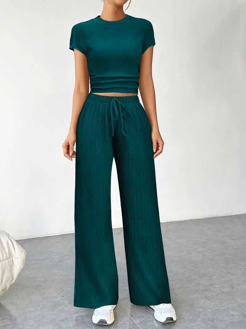 Pleated Crop Top & Wide-Leg Pant Set with Drawstring