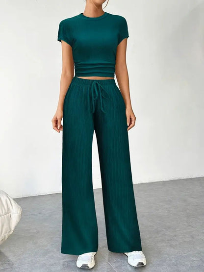 Pleated Crop Top & Wide-Leg Pant Set with Drawstring