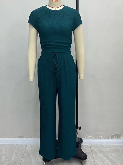 Pleated Crop Top & Wide-Leg Pant Set with Drawstring
