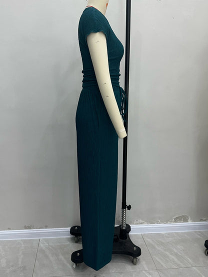 Pleated Crop Top & Wide-Leg Pant Set with Drawstring