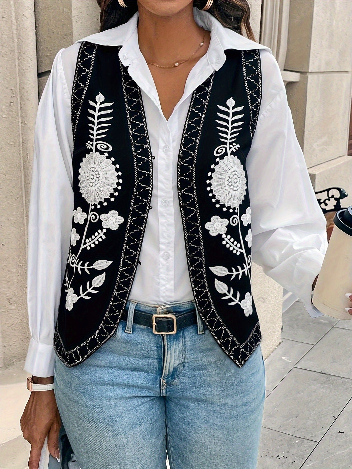 Floral Embroidered Cardigan Vest with V-Neck