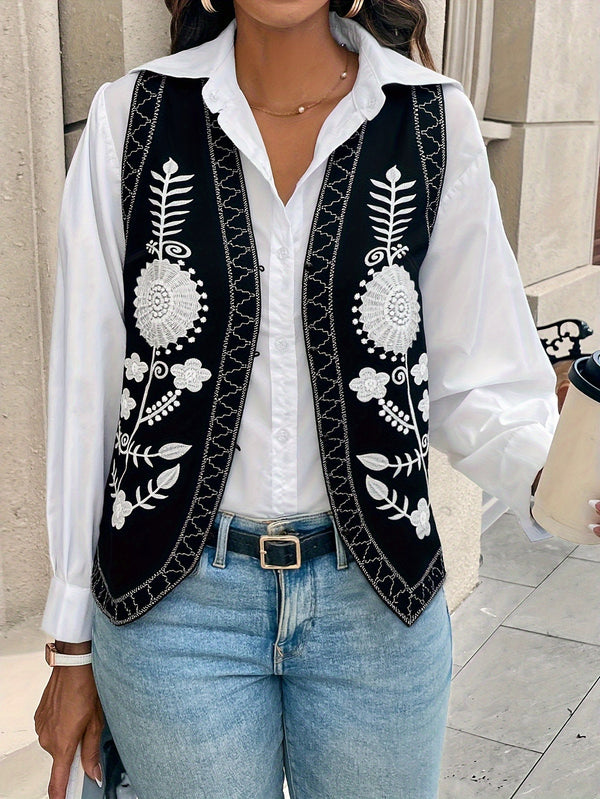 Floral Embroidered Cardigan Vest with V-Neck