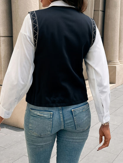 Floral Embroidered Cardigan Vest with V-Neck