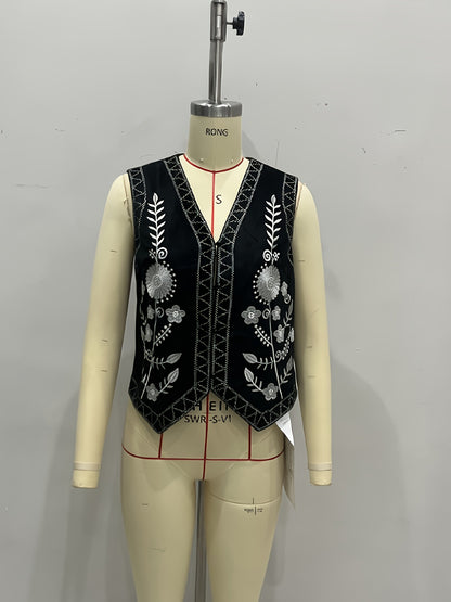 Floral Embroidered Cardigan Vest with V-Neck
