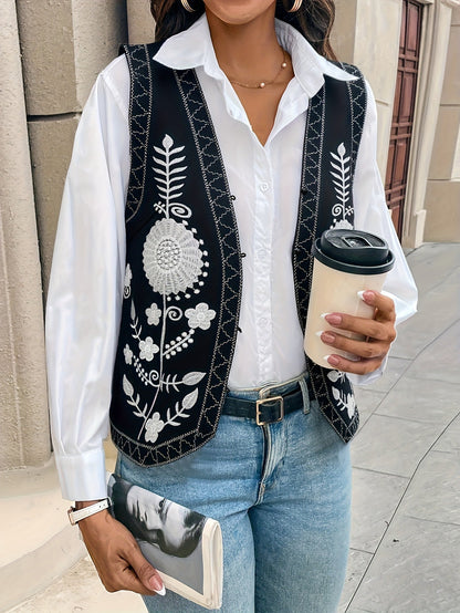 Floral Embroidered Cardigan Vest with V-Neck