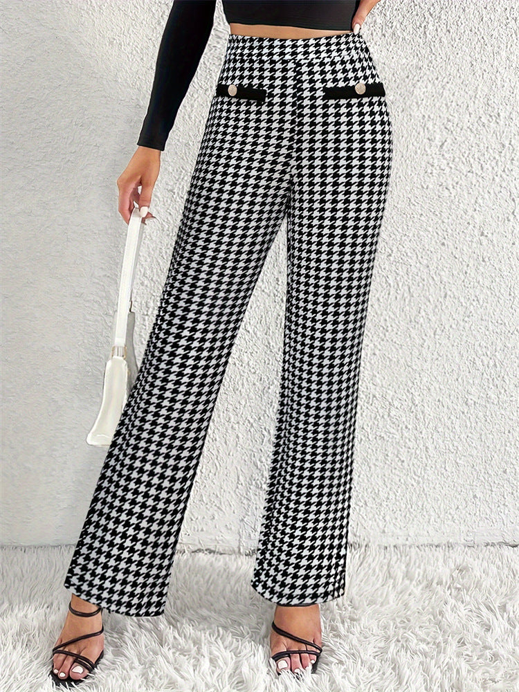 Houndstooth Trousers with High Waist and Faux Flap Pockets
