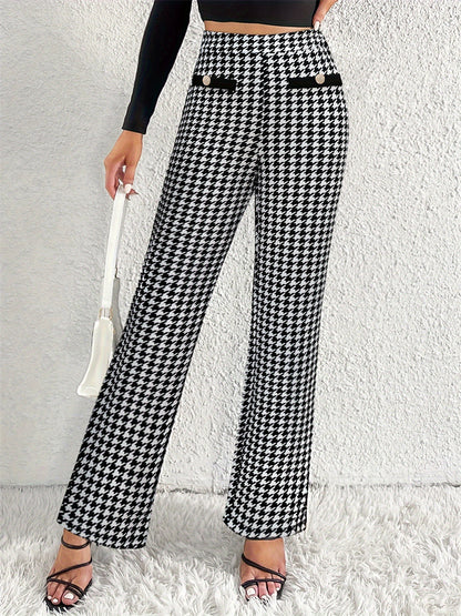 Houndstooth Trousers with High Waist and Faux Flap Pockets