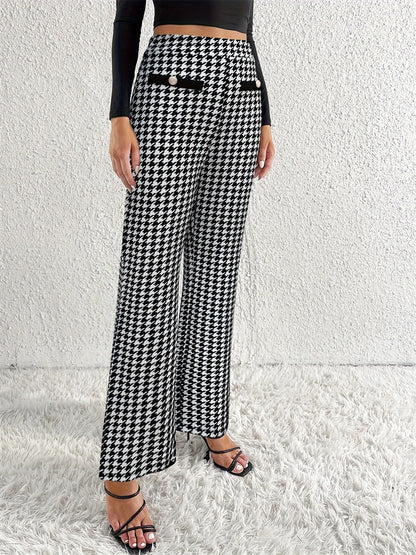 Houndstooth Trousers with High Waist and Faux Flap Pockets