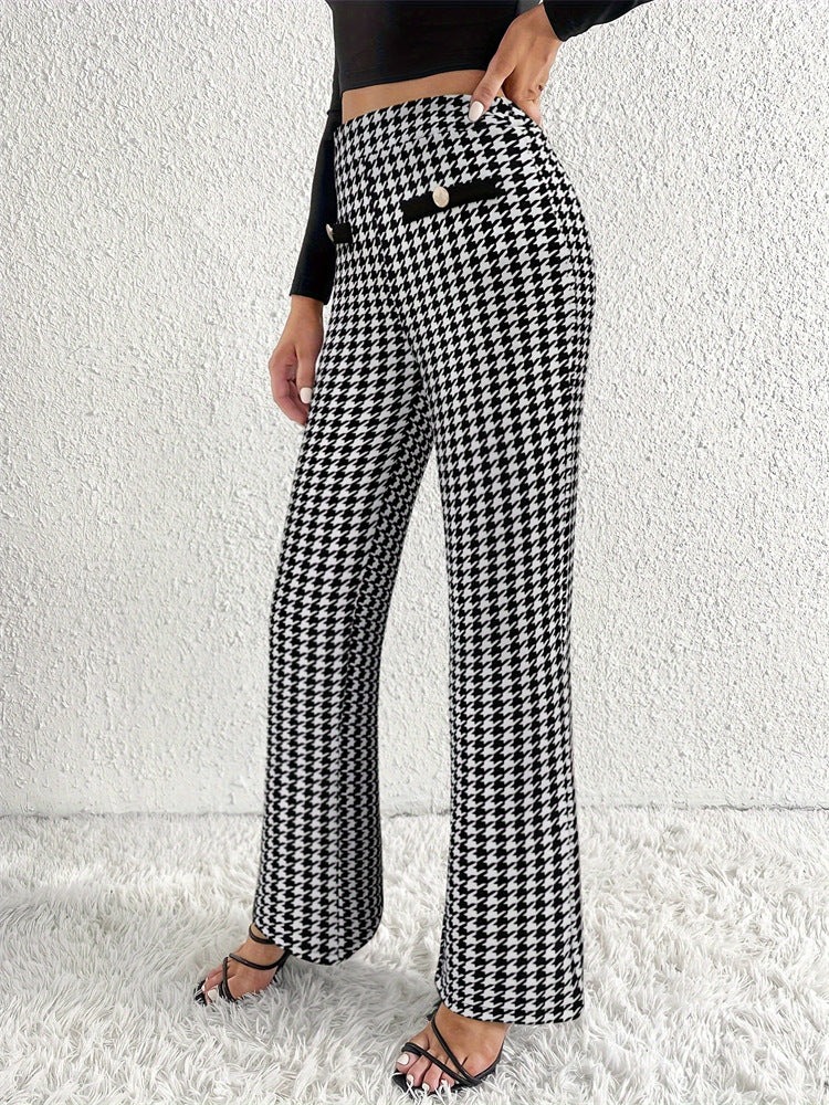 Houndstooth Trousers with High Waist and Faux Flap Pockets