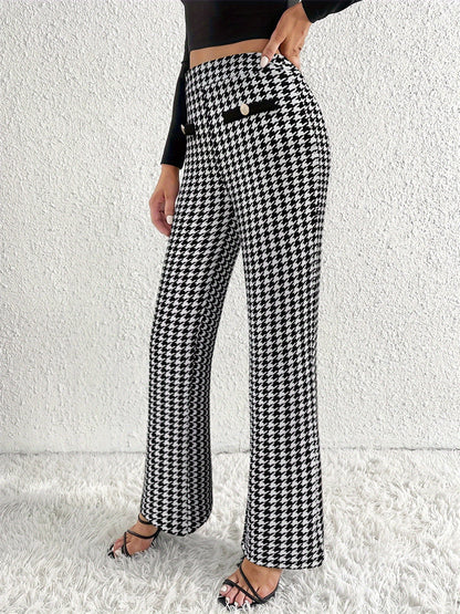 Houndstooth Trousers with High Waist and Faux Flap Pockets