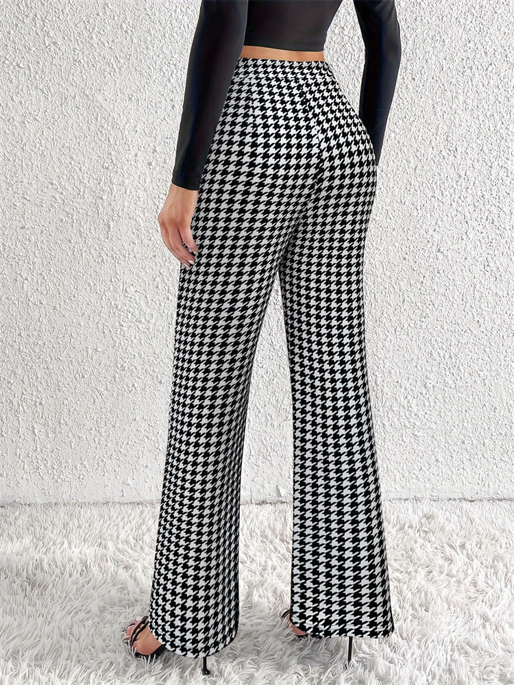 Houndstooth Trousers with High Waist and Faux Flap Pockets