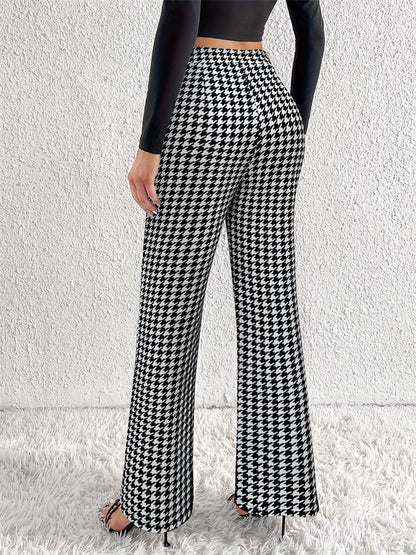 Houndstooth Trousers with High Waist and Faux Flap Pockets
