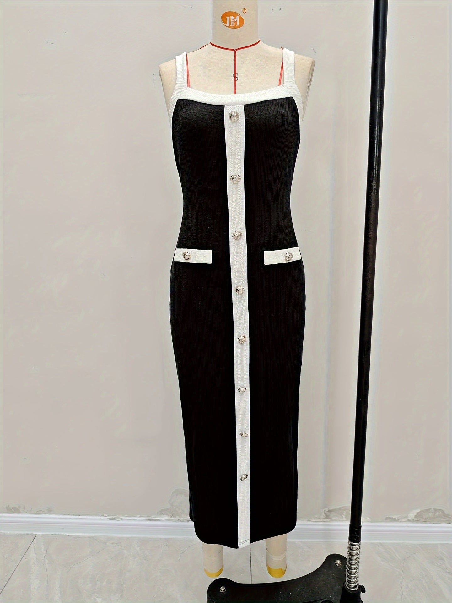 Bodycon Midi Dress with Square Neck and Contrast Button Placket