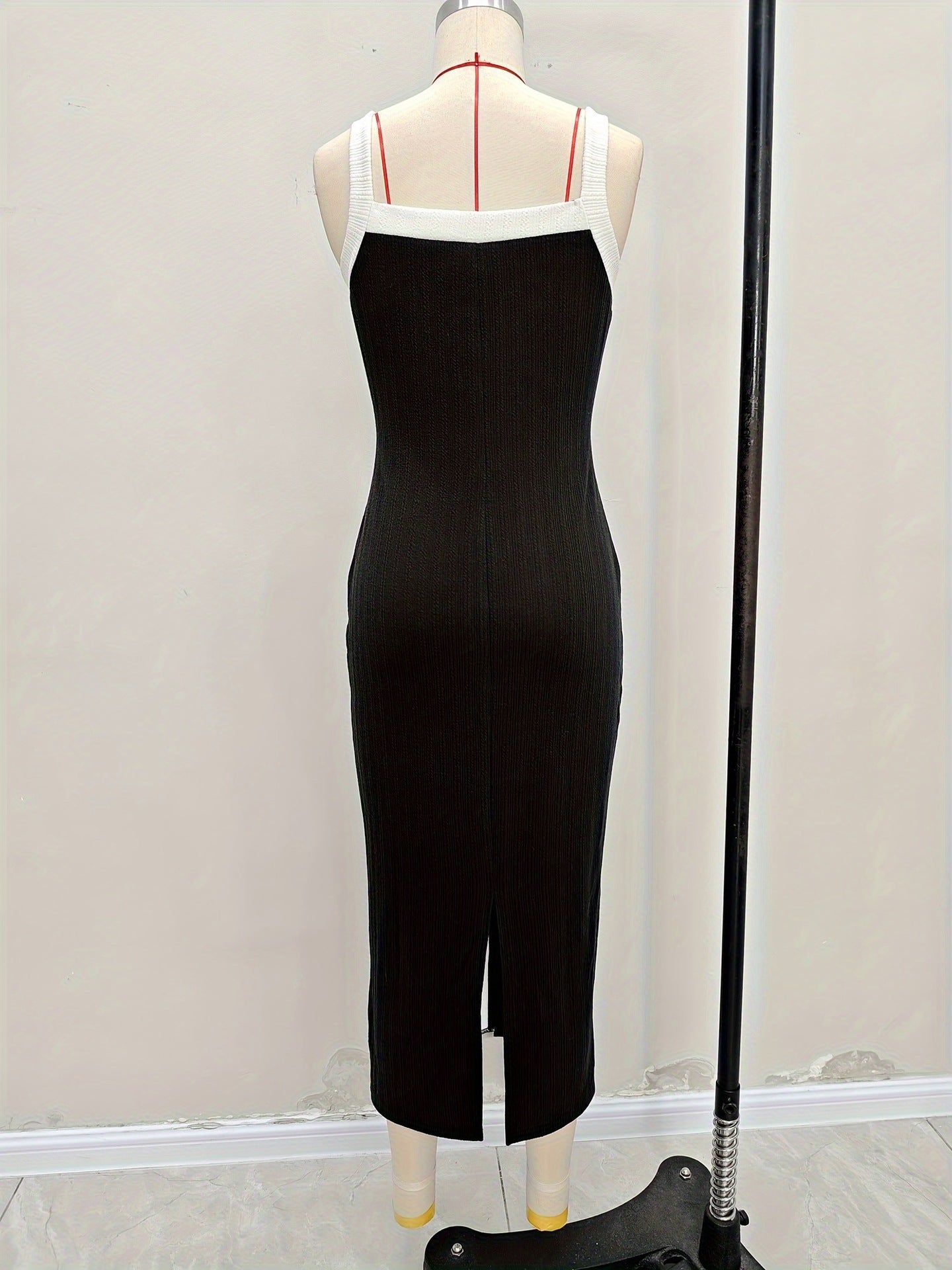 Bodycon Midi Dress with Square Neck and Contrast Button Placket