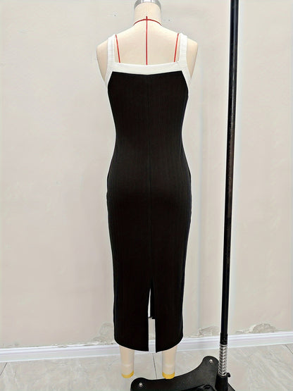 Bodycon Midi Dress with Square Neck and Contrast Button Placket