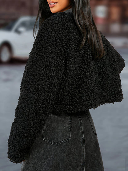 Cropped Teddy Faux Fur Jacket with Faux Leather Trim