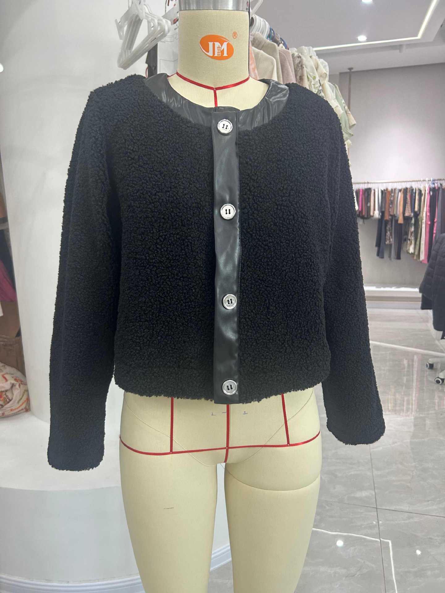 Cropped Teddy Faux Fur Jacket with Faux Leather Trim