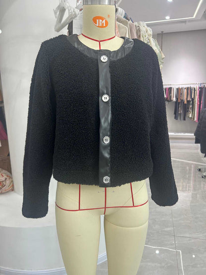 Cropped Teddy Faux Fur Jacket with Faux Leather Trim