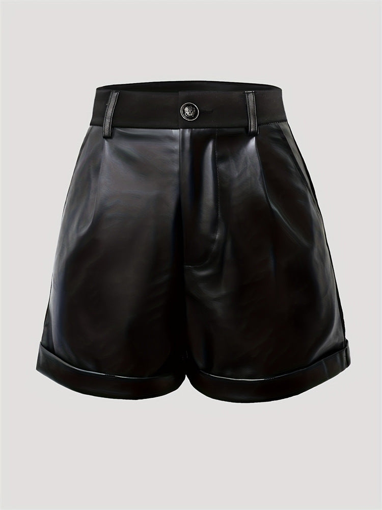 Faux Leather High-Waist Shorts with Pleats and Cuffs