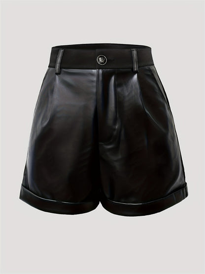 Faux Leather High-Waist Shorts with Pleats and Cuffs