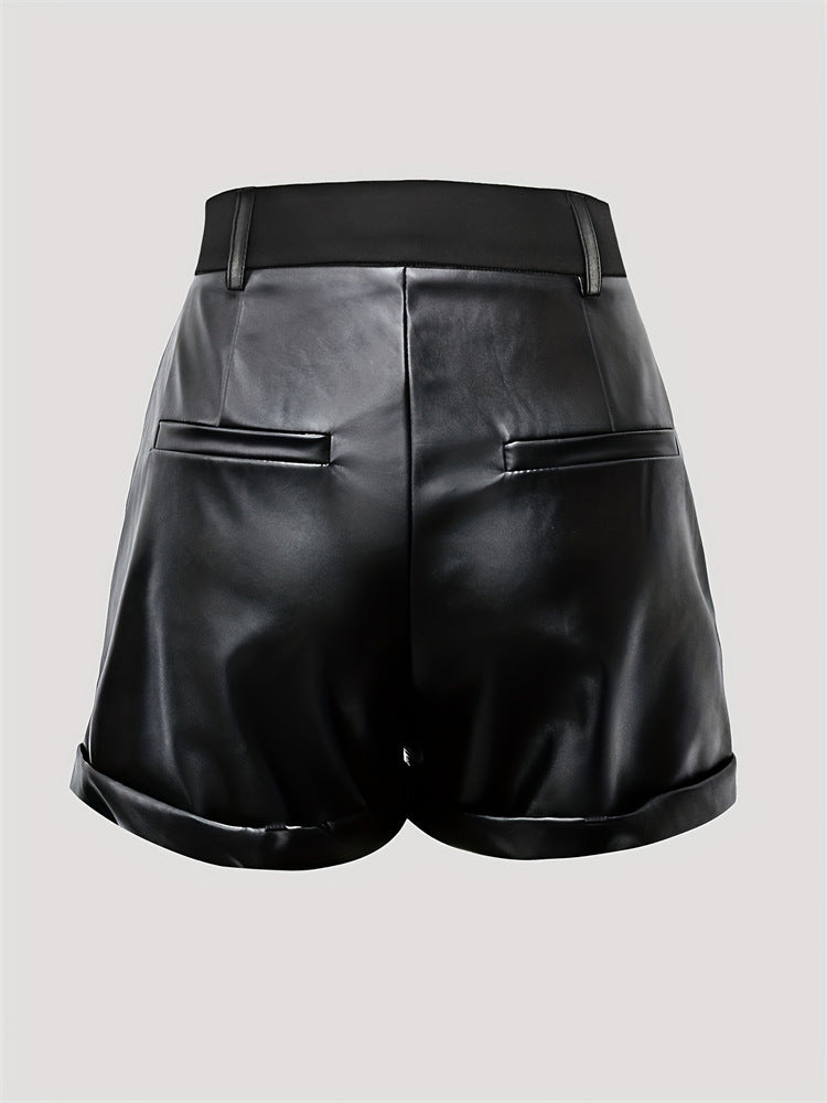 Faux Leather High-Waist Shorts with Pleats and Cuffs