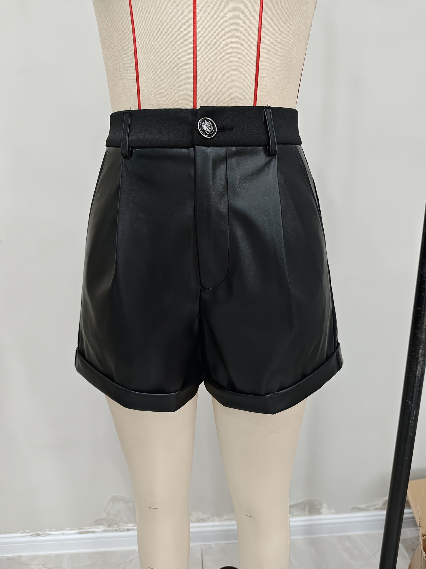 Faux Leather High-Waist Shorts with Pleats and Cuffs