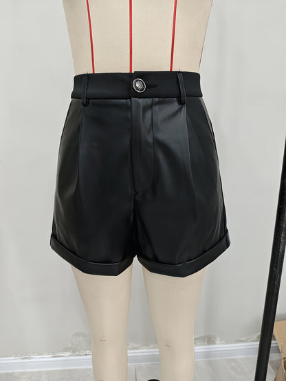 Faux Leather High-Waist Shorts with Pleats and Cuffs