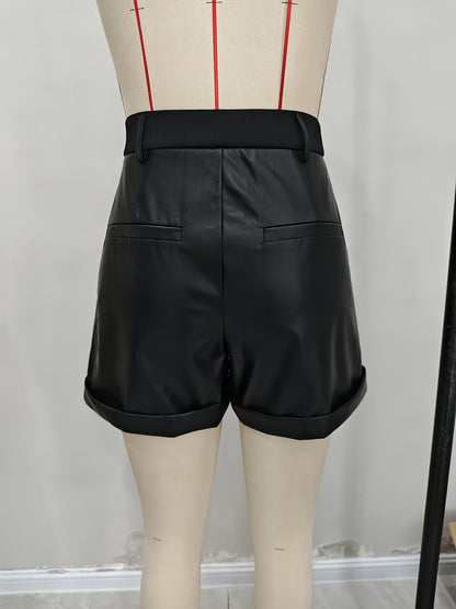 Faux Leather High-Waist Shorts with Pleats and Cuffs