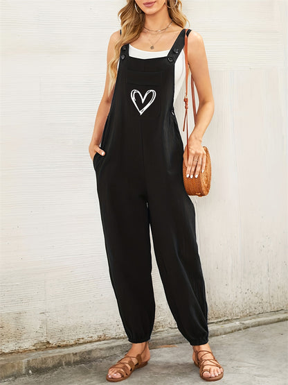 Relaxed Fit Overalls with Adjustable Straps and Heart Graphic