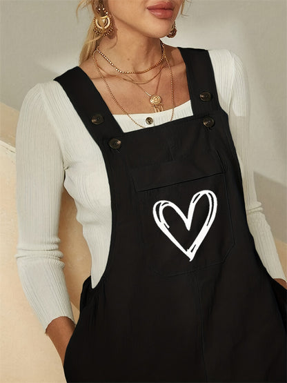 Relaxed Fit Overalls with Adjustable Straps and Heart Graphic