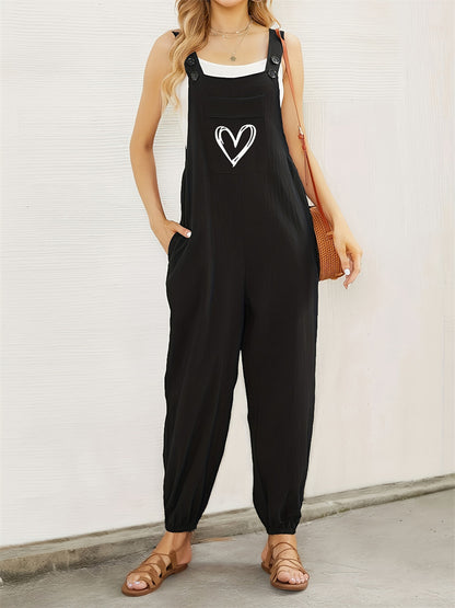Relaxed Fit Overalls with Adjustable Straps and Heart Graphic