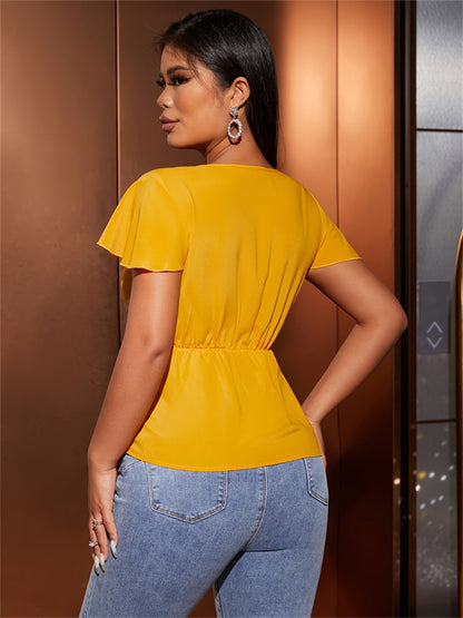 Solid V-Neck Top with Flutter Sleeves and Twist Front