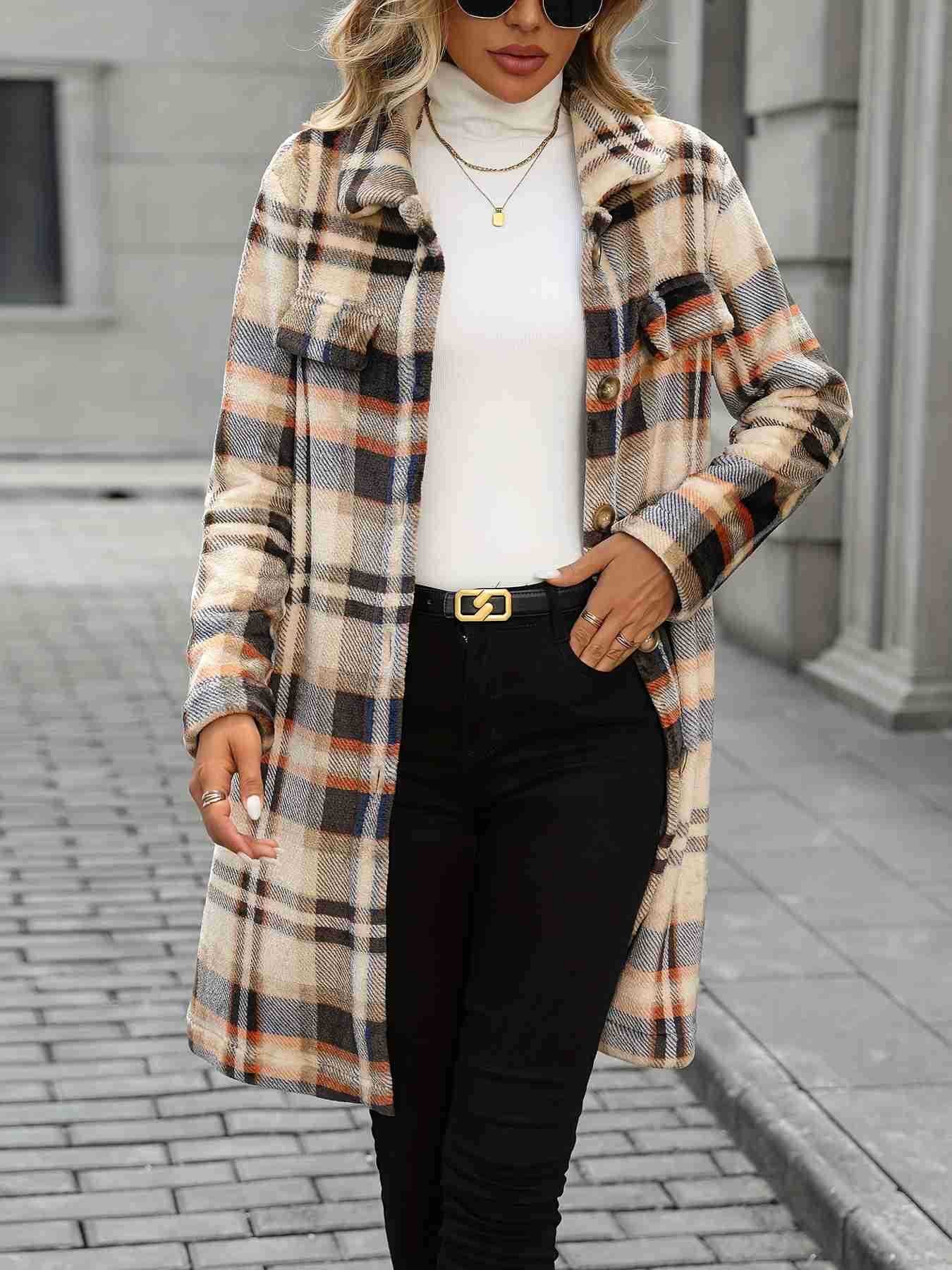 Plaid Longline Flannel Shacket with Lapel Collar