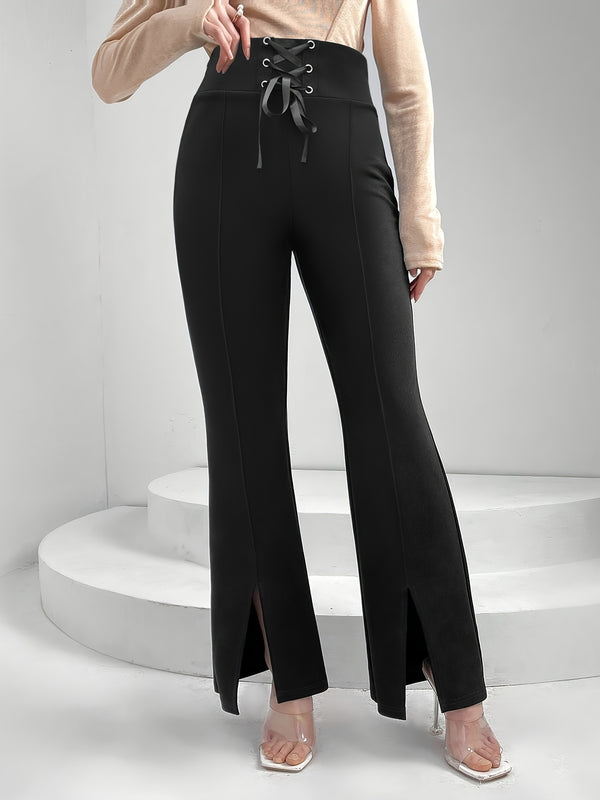 Flared Trousers with Lace-Up High Waist and Front Slits